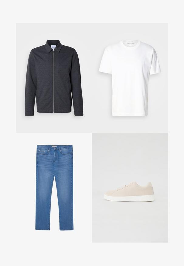 Mørkegrå lynlåstrøje med krave, lange ærmer og en glat stoftekstur. Har sidelommer og et minimalistisk design.; Hvid bomulds t-shirt med rund hals og korte ærmer. Har en diskret logo detalje på fronten. Glat tekstur, afslappet pasform.; Lyseblå denimjeans med lige ben, femlommes design, subtil falming og metalbeslag ved taljen og lommerne.; Beige ruskindsneakers med hvide gummisåler, rund tå og seks snøringshuller. Glat tekstur med minimalisk design.