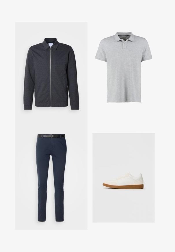 Tumehall lukkudega jope kraega, pikkade varrukatega ja sileda kangapinnaga. Disainis on küljetaskud ja minimalistlik stiil.; Hallide greipade särk lühikeste varrukatega, valmistatud pehmest kangast, kahe nupuga kaeluse ja diskreetse soonikkoes kaeluse disainiga.; Tume sinised puuvillased püksid kitsas lõikes, millel on tekstureeritud must nahkrihm ja klassikalised taskud. Puhtad jooned, ilma mustriteta.; Valge tenniseking nubukist varbaga, sileda sünteetilise pealmise osaga ja pruunist kummist tallaga. Küljel on ventilatsiooniaugud, et tagada õhuringlus.