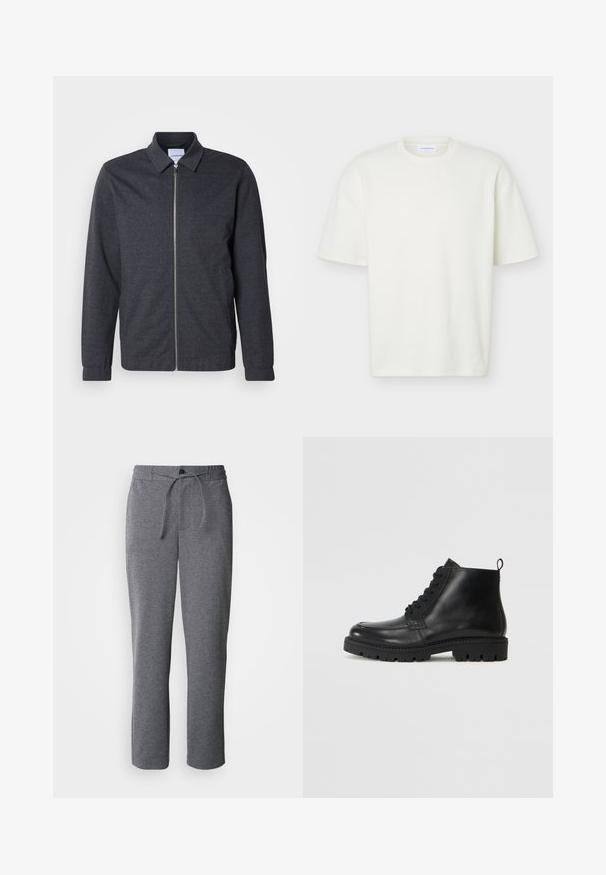 Veste zippée gris foncé avec col, manches longues et texture de tissu lisse. Dispose de poches latérales et d'un design minimaliste.; T-shirt blanc texturé à manches courtes, col rond, coupe régulière et petite étiquette de marque à l'intérieur du col.; Pantalons de survêtement gris en tissu doux, dotés d'une taille élastique avec cordon de serrage, de jambes droites et d'un design simple et épuré.; Bottines en cuir noir à bout rond, avec des lacets à l'avant et une semelle en caoutchouc texturée. Comprend une languette à l'arrière pour un enfilage facile.