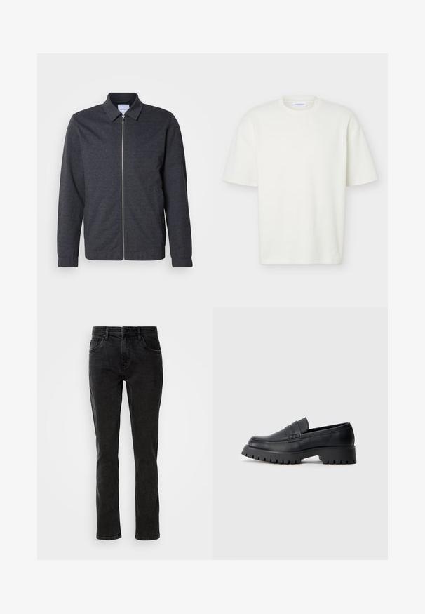 Veste zippée gris foncé avec col, manches longues et texture de tissu lisse. Dispose de poches latérales et d'un design minimaliste.; T-shirt blanc texturé à manches courtes, col rond, coupe régulière et petite étiquette de marque à l'intérieur du col.; Jeans en denim noir avec une coupe droite, cinq poches et des détails de couture subtils. Fabriqués en coton solide, adaptés pour un usage décontracté.; Mocassins en cuir noir avec un bout arrondi, présentant une sangle décorative et une semelle en caoutchouc épaisse avec de profonds crampons pour une meilleure adhérence.