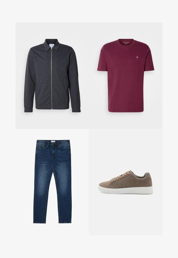 Chaqueta gris oscuro con cremallera, cuello, mangas largas y textura de tela suave. Cuenta con bolsillos laterales y un diseño minimalista.; Camiseta de algodón burdeos con cuello redondo, mangas cortas y un pequeño logo blanco "M OP" en el pecho. Textura suave y corte regular.; Vaqueros ajustados de color azul oscuro con detalles desgastados, diseño clásico de cinco bolsillos, cierre de botón y presillas para cinturón.; Zapatillas de ante marrón con suelas de goma blanca planas, diseño de cordones, punta redondeada y una textura suave. Estilo minimalista con sutiles detalles de costura.
