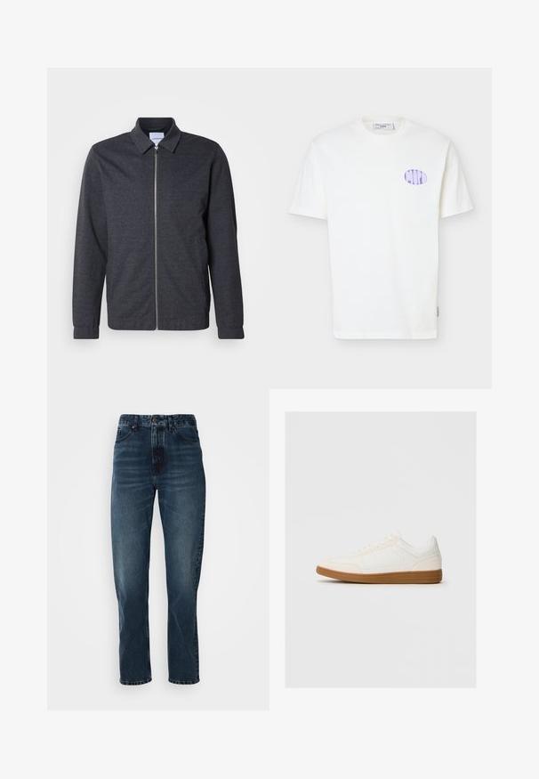 Mørkegrå lynlåstrøje med krave, lange ærmer og en glat stoftekstur. Har sidelommer og et minimalistisk design.; Hvid kortærmet T-shirt af bomuld med lilla oval logo på venstre bryst og en rund halsudskæring.; Mørkeblå lige bukser med frontknap og lynlås, fem-lomme design og subtil fading på lår og knæ.; Hvide sneakers med en ruskind tåspids, glat syntetisk overdel og tan gummisål. Har perforeringer på siderne for åndbarhed.
