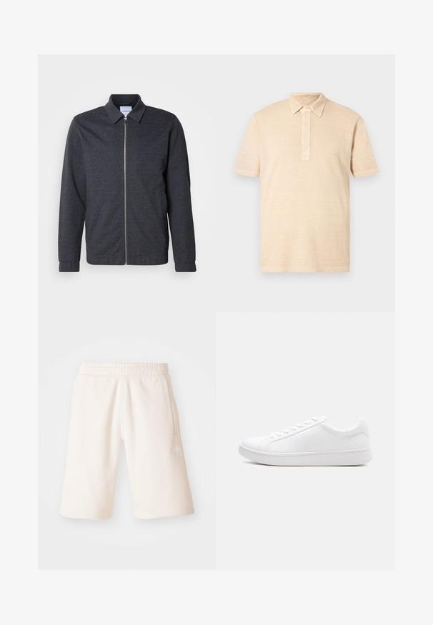 Tumehall lukkudega jope kraega, pikkade varrukatega ja sileda kangapinnaga. Disainis on küljetaskud ja minimalistlik stiil.; Beež polo särk lühikeste varrukatega, krae ja nööbiridad. Valmistatud kerge kangaga, millel on sile tekstuur, ilma mustrite või detailideta.; Kreemivärvi puuvillased lühikesed püksid, millel on kummist vöökoht, küljetaskud ja hõrk logo vasakul jalal. Sile tekstuur ja põlveni ulatuv disain.; Valge madala säärega tennisking, millel on paelaga sulgemine, sile nahast pealsosa ja paks kummist tald, küljelt nähtav ühtlasel taustal.