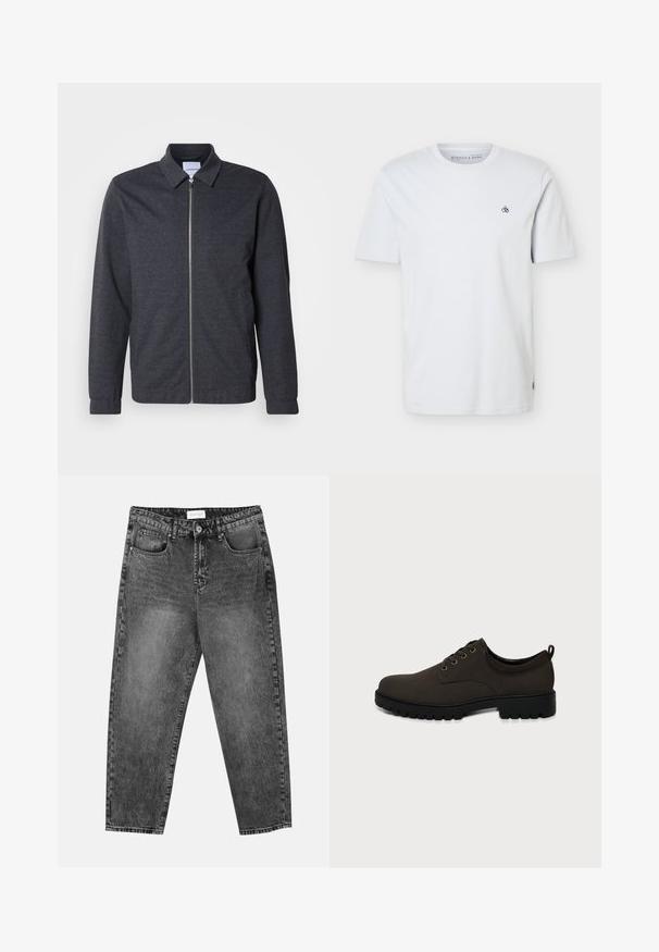 Mørkegrå lynlåstrøje med krave, lange ærmer og en glat stoftekstur. Har sidelommer og et minimalistisk design.; Hvid T-shirt med korte ærmer og rund halsudskæring med lille sort "S&" logo på venstre bryst og diskret mærkeetiket nederst til venstre.; Sorte vasket straight-leg jeans med for- og baglommer, bæltestropper og knaplukning i taljen.; Mørkebrunt læder snøresko med sort tyk gummisål og hælkappe på ensfarvet grå baggrund.