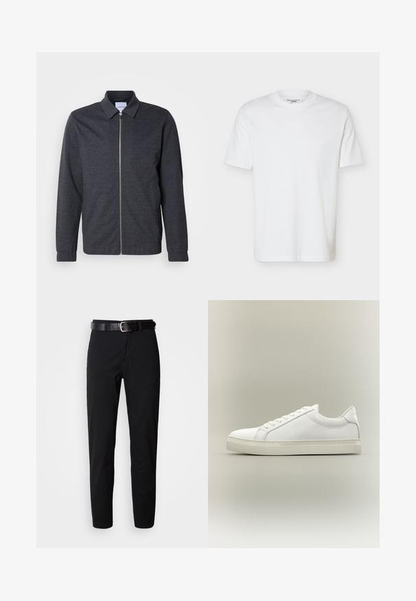 Veste zippée gris foncé avec col, manches longues et texture de tissu lisse. Dispose de poches latérales et d'un design minimaliste.; T-shirt blanc uni à manches courtes et col rond avec une étiquette indiquant "Marc O’Polo DENIM" à l'intérieur du col.; Pantalon noir à coupe droite, avec une texture lisse et une ceinture en cuir noir avec une boucle en métal argenté. Design simple, sans motifs ni accents.; Baskets blanches basses à lacets sur l’avant et semelle épaisse, vues de côté sur un fond neutre.