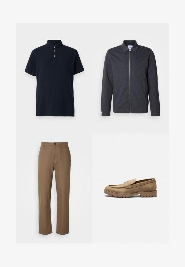 Mørkegrå lynlåstrøje med krave, lange ærmer og en glat stoftekstur. Har sidelommer og et minimalistisk design.; Marineblå kortærmet polo skjorte med krave og tre hvide knapper på stolpen, præsenteret mod en ensfarvet baggrund.; Brune bomuldsbukser med lige pasform, knaplukning og sidelommer. Har en glat overflade og et enkelt, udekoreret design.; Tan mockasiner i ruskind med rund tå, flad gummisål og dekorative syninger på overdelen. Har et slip-on design uden snørebånd.