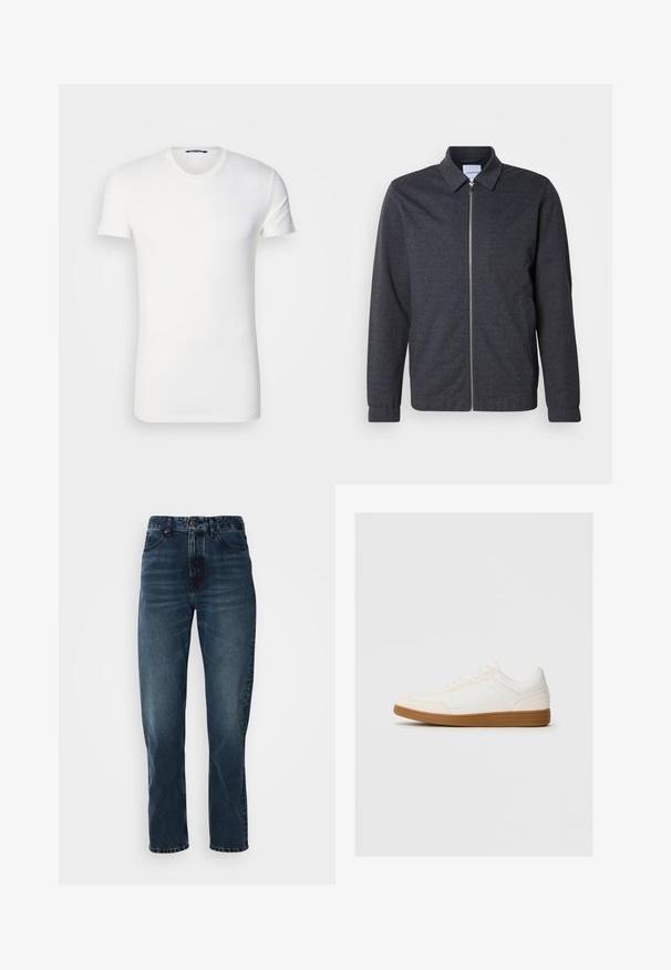 Mørkegrå lynlåstrøje med krave, lange ærmer og en glat stoftekstur. Har sidelommer og et minimalistisk design.; Hvid bomulds T-shirt med korte ærmer, rund halsudskæring og broderet logo på brystet. Glat tekstur og tætsiddende design.; Mørkeblå lige bukser med frontknap og lynlås, fem-lomme design og subtil fading på lår og knæ.; Hvide sneakers med en ruskind tåspids, glat syntetisk overdel og tan gummisål. Har perforeringer på siderne for åndbarhed.