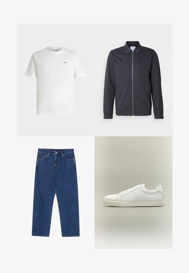 Dunkelgraue Reißverschlussjacke mit Kragen, langen Ärmeln und glatter Stoffstruktur. Verfügt über Seitentaschen und ein minimalistisches Design.; Weißes kurzärmeliges T-Shirt mit Rundhalsausschnitt und kleinem schwarzem Schriftzug „Marc O'Polo DENIM“ auf der oberen linken Brust.; Dunkelblaue Jeans aus Denim mit geradem Bein, Fronttaschen und einem Knopfverschluss mit Kontrastnähten.; Weißer Sneaker mit niedrigem Schaft, vorn mit Schnürung und dicker Sohle, aus der Seitenansicht vor neutralem Hintergrund.