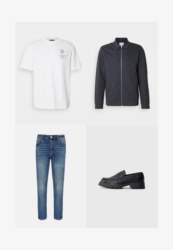 Mørkegrå lynlåstrøje med krave, lange ærmer og en glat stoftekstur. Har sidelommer og et minimalistisk design.; Hvid bomulds t-shirt med rund halsudskæring, korte ærmer og et trykt logo og tekstdesign på forsiden i grå.; Blå straight-leg cowboybukser med forreste knap og lynlås, bæltestropper samt for- og baglommer.; Sorte læder loafers med en rund tå, prydet med en dekorativ rem og en kraftig gummisål med dybe riller for grip.