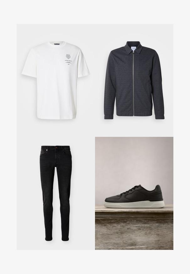 Mørkegrå lynlåstrøje med krave, lange ærmer og en glat stoftekstur. Har sidelommer og et minimalistisk design.; Hvid bomulds t-shirt med rund halsudskæring, korte ærmer og et trykt logo og tekstdesign på forsiden i grå.; Sorte skinny-fit jeans med fem lommer, knaplukning og bæltestropper, vist på en ensfarvet lysegrå baggrund.; Sort sneaker med hvid sål hængende over en træbænk, grønne blade i den slørede baggrund.