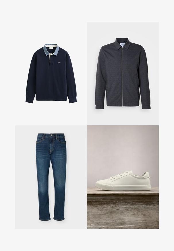 Mørkegrå lynlåstrøje med krave, lange ærmer og en glat stoftekstur. Har sidelommer og et minimalistisk design.; Langærmet marineblå rugbytrøje med lyseblå krave, knapstolpe og et lille broderet GANT-logo på brystet.; Mørkeblå jeans med lige ben, forlommer, bæltestropper, knaplukning og lynlås, vist på en ensfarvet baggrund.; Hvide snørresneakers svævende over en træbænk med grønne planter i baggrunden, der fremhæver skodesign og tekstur.