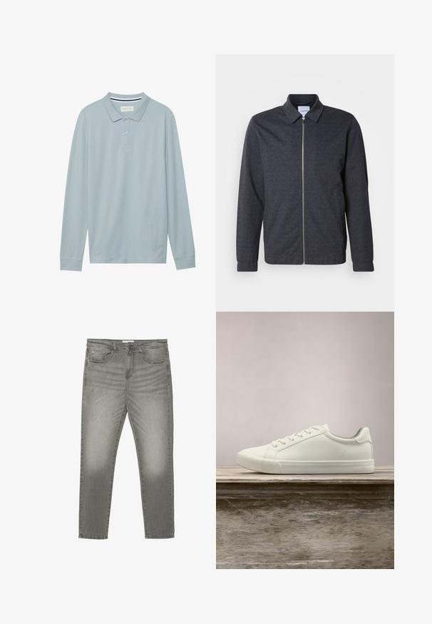 Mørkegrå lynlåstrøje med krave, lange ærmer og en glat stoftekstur. Har sidelommer og et minimalistisk design.; Langærmet polo skjorte i lyseblå med flad krave, tre-knaps lukning og subtilt tekstureret stof. Har en stribet indvendig krave.; Grå denimjeans med slim fit, fem-lomme design og let slidte detaljer. Har lynlåsgylf og bæltestropper.; Hvide snørresneakers svævende over en træbænk med grønne planter i baggrunden, der fremhæver skodesign og tekstur.