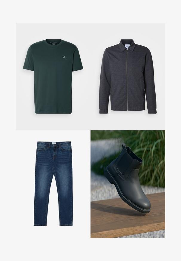 Tumehall lukkudega jope kraega, pikkade varrukatega ja sileda kangapinnaga. Disainis on küljetaskud ja minimalistlik stiil.; Tume roheline T-särk pehmest kangast, millel on ümar kaelus ja lühikesed varrukad. Vasakul rinnal tikitud logo.; Tumedat sinised kitsad teksad, millel on pleekinud detailid, klassikaline viie taskuga disain, nuppe sulgemine ja vöörihmad.; Must have musta nahkne nahkkingade ja elastsete külgdetailidega, tekstureeritud aktsentidega ning kummist tallaga; väljapanek sisaldab puidust pinda ja rohelust.