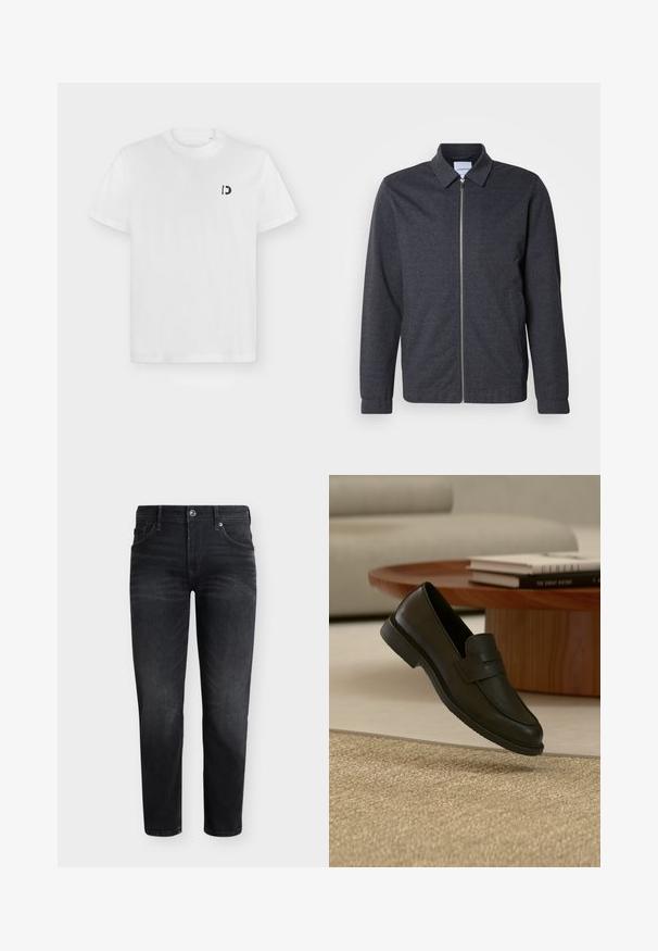 Veste zippée gris foncé avec col, manches longues et texture de tissu lisse. Dispose de poches latérales et d'un design minimaliste.; T-shirt blanc à manches courtes et col rond avec petit logo "D" noir sur la poitrine gauche, sur fond gris clair uni.; Jean noir slim avec cinq poches, fermeture par bouton, et détails légèrement délavés sur les cuisses et les genoux, présenté sur un fond uni.; Chaussure mocassin en cuir noir présentée en suspension au-dessus d'un tapis beige tissé, avec une table en bois et des livres empilés dans un salon doucement éclairé.