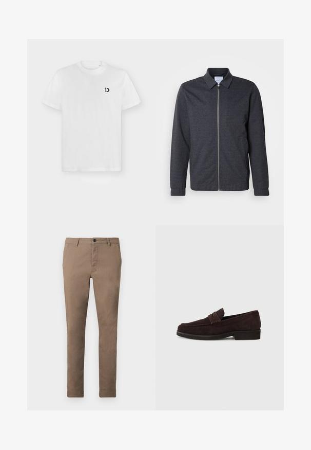 Veste zippée gris foncé avec col, manches longues et texture de tissu lisse. Dispose de poches latérales et d'un design minimaliste.; T-shirt blanc à manches courtes et col rond avec petit logo "D" noir sur la poitrine gauche, sur fond gris clair uni.; Pantalon marron ajusté pour homme avec fermeture à boutons et zip sur le devant, passants de ceinture et poches latérales, présenté à plat sur fond blanc.; Mocassins en daim marron avec une silhouette basse et un embout arrondi. Présentent une sangle décorative sur le dessus, une semelle en caoutchouc plate et sans couture visible.