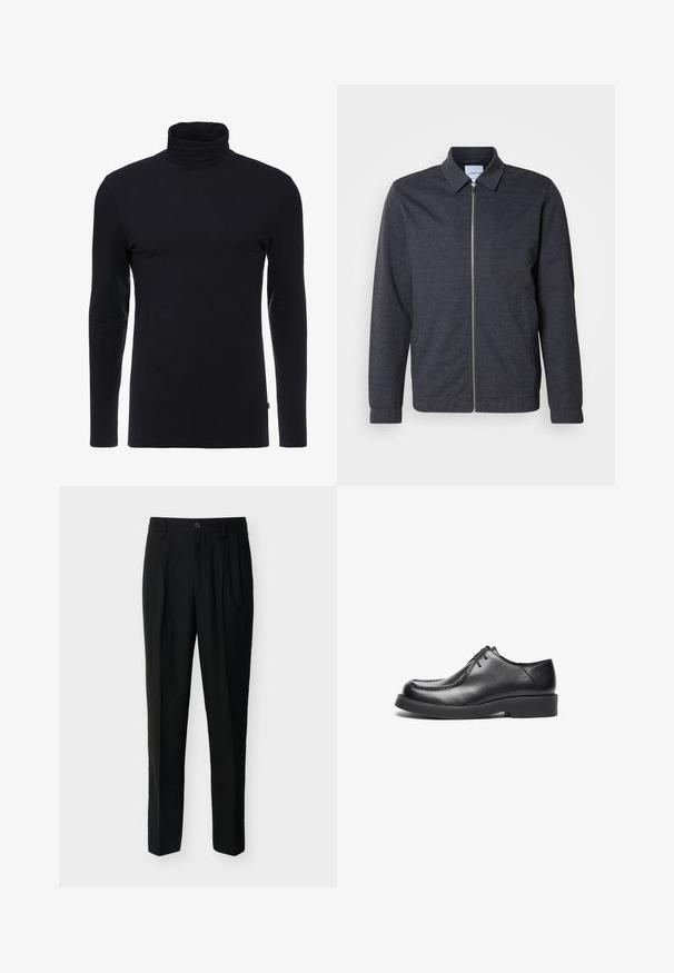 Tmavomodrá bunda na zips s golierom, dlhými rukávmi a hladkou textúrou látky. Má bočné vrecká a minimalistický dizajn.; Čierny dlhý rukáv turtleneck s mäkkou a elastickou látkou. Má priliehavý strih a hladkú textúru. Bez viditeľných vzorov alebo akcentov.; Čierne luxusné nohavice s vysokým pásom, pútkami na opasok, prednými záhybmi, bočnými vreckami a zapínaním na gombík a zips.; Čierne kožené topánky s okrúhlou špičkou, rovnými švami a nízkou gumovou podrážkou. Klasický a elegantný dizajn, šnurovacie zapínanie.