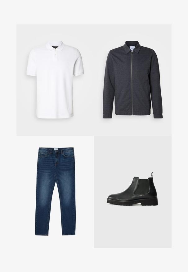 Mørkegrå lynlåstrøje med krave, lange ærmer og en glat stoftekstur. Har sidelommer og et minimalistisk design.; Hvid polo skjorte lavet af bomuld. Har en klassisk krave, tre-knaps placket og korte ærmer. Diskret logo broderet på brystet.; Mørkeblå slim-fit jeans med falmede detaljer, klassisk fem-lomme design, knappelukning og bæltestropper.; Sorte læder chelsea-støvler med elastisk sideskæring, afrundet tå, tekstureret sål og lille hængsel ved hælen.