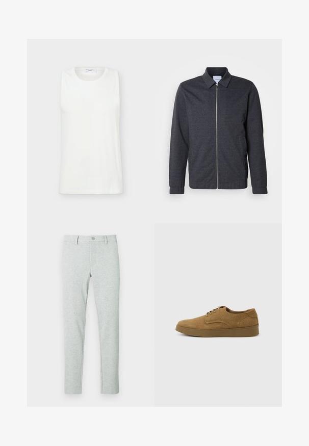 Veste zippée gris foncé avec col, manches longues et texture de tissu lisse. Dispose de poches latérales et d'un design minimaliste.; Haut blanc sans manches à col rond en tissu lisse, présenté à plat sur un fond clair.; Chinos gris clair avec une texture lisse, coupe ajustée, fermeture à boutons, et motif vertical côtelé subtil. Poches avant et passants pour ceinture inclus.; Chaussure décontractée à lacets en daim marron avec semelle en caoutchouc plate, vue de côté sur un fond clair uni.
