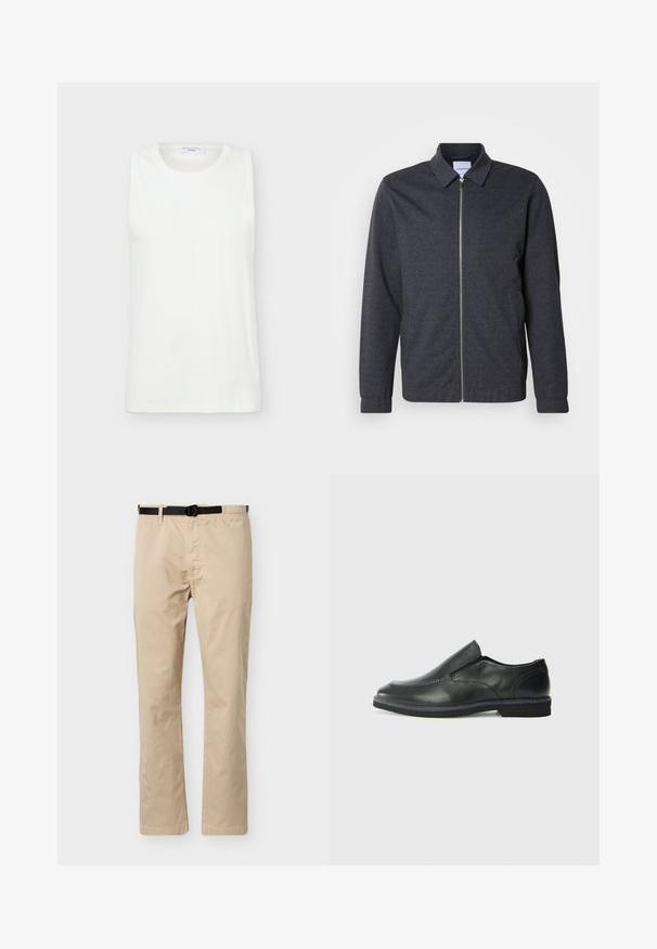 Veste zippée gris foncé avec col, manches longues et texture de tissu lisse. Dispose de poches latérales et d'un design minimaliste.; Haut blanc sans manches à col rond en tissu lisse, présenté à plat sur un fond clair.; Pantalon beige à jambes droites avec ceinture noire ajustable, taille élastique d'un côté et couture décorative à l'avant.; Chaussure slip-on en cuir noir avec une tige lisse, des accents cousus, un bout arrondi et un petit talon en caoutchouc. La semelle présente un profil de traction minimal.