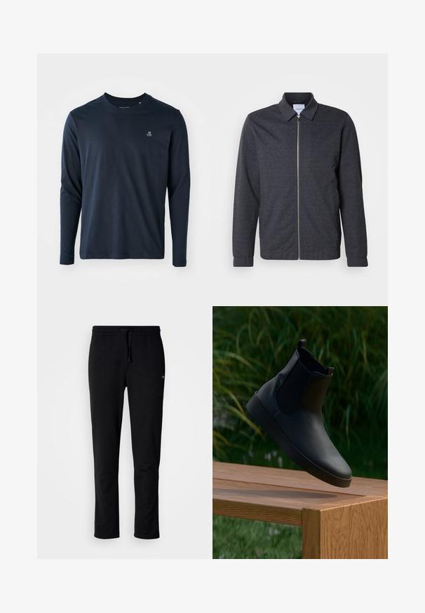 Mørkegrå lynlåstrøje med krave, lange ærmer og en glat stoftekstur. Har sidelommer og et minimalistisk design.; Langærmet navy blå T-shirt lavet af blødt bomuld, med rund halsudskæring og et lille hvidt logo på venstre bryst.; Sorte sweatpants lavet af blødt stof, med en elastisk talje med snoretræk og en slim fit design. Ingen synlige mønstre eller accenter.; Sort læder ankelstøvle med elastiske sidepaneler, glat overflade, afrundet tå og flad sål, placeret over et træt bord mod en grøn baggrund.