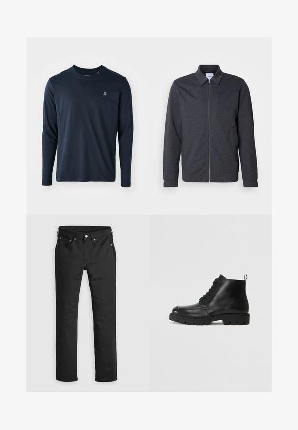 Mørkegrå lynlåstrøje med krave, lange ærmer og en glat stoftekstur. Har sidelommer og et minimalistisk design.; Langærmet navy blå T-shirt lavet af blødt bomuld, med rund halsudskæring og et lille hvidt logo på venstre bryst.; Sorte denimbukser med lige ben, der har lynlås i gylpen, fem lommer og metalknapdetaljer. Glat tekstur.; Sorte læder ankelstøvler med rund tå, snørebånd fortil og tekstureret gummisål. Inkluderer en løkke ved hælen for nem påføring.