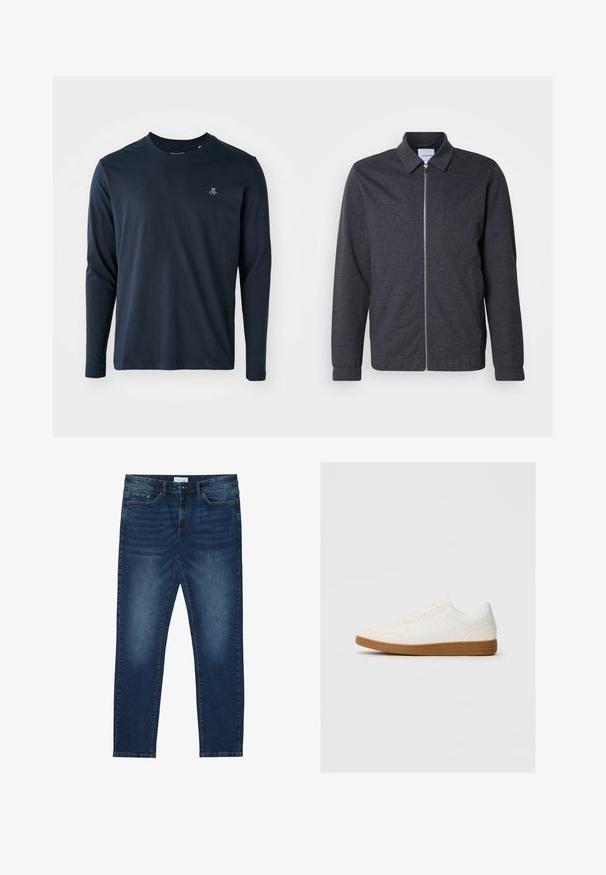Mørkegrå lynlåstrøje med krave, lange ærmer og en glat stoftekstur. Har sidelommer og et minimalistisk design.; Langærmet navy blå T-shirt lavet af blødt bomuld, med rund halsudskæring og et lille hvidt logo på venstre bryst.; Mørkeblå slim-fit jeans med falmede detaljer, klassisk fem-lomme design, knappelukning og bæltestropper.; Hvide sneakers med en ruskind tåspids, glat syntetisk overdel og tan gummisål. Har perforeringer på siderne for åndbarhed.