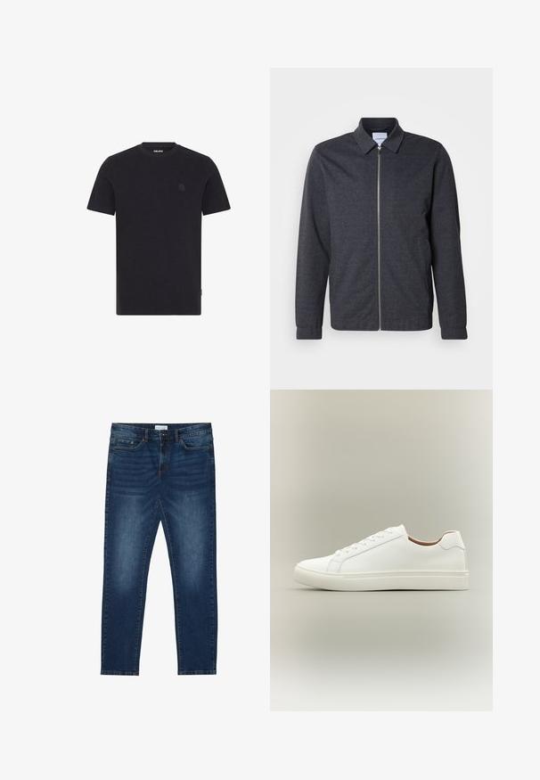 Chaqueta gris oscuro con cremallera, cuello, mangas largas y textura de tela suave. Cuenta con bolsillos laterales y un diseño minimalista.; Camiseta de corto de manga en color navy, hecha de tejido texturizado. Presenta un cuello redondo y un logo sutil en el pecho. Dobladillo recto en la parte inferior.; Vaqueros ajustados de color azul oscuro con detalles desgastados, diseño clásico de cinco bolsillos, cierre de botón y presillas para cinturón.; Zapatilla blanca de corte bajo con cierre de cordones y suela plana, mostrada de perfil sobre un fondo neutro.