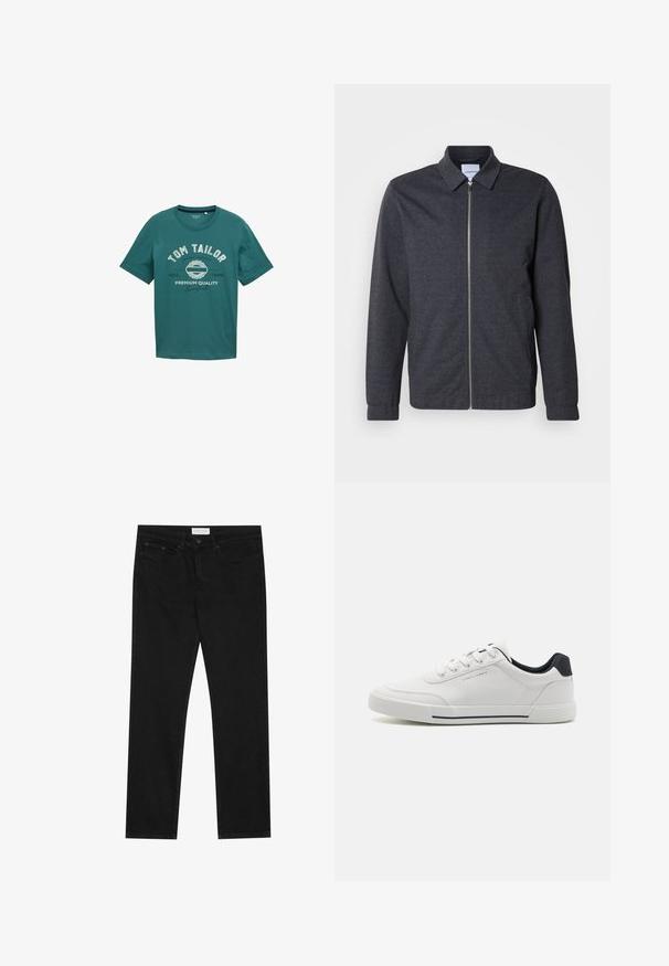 Donkergrijze jas met ritssluiting, een kraag, lange mouwen en een gladde stoftextuur. Voorzien van zijzakken en een minimalistisch ontwerp.; Teal kort-sleeve t-shirt van katoen met een ronde halslijn en witte bedrukte tekst "TOM TAILOR" en ontwerpelementen aan de voorkant.; Zwarte straight-leg jeans met een vijf-pocket ontwerp, knoop- en ritssluiting, en een Pier One merklabel op de tailleband.; Witte sneakers met een glad synthetisch bovenwerk, ronde neus, vetersluiting, marineblauwe accenten op de hiel en een gestructureerde rubberen zool met een zwarte streep.