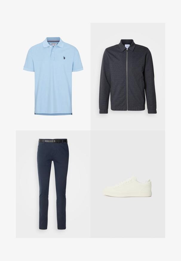 Dunkelgraue Reißverschlussjacke mit Kragen, langen Ärmeln und glatter Stoffstruktur. Verfügt über Seitentaschen und ein minimalistisches Design.; Helles blaues Polohemd mit kurzen Ärmeln aus weicher Baumwolle. Mit einer Knopfleiste mit drei Knöpfen, Kragen und besticktem Logo auf der Brust.; Marineblaue Baumwollhose im slim fit, mit einem strukturierten schwarzen Ledergürtel und klassischen Taschen. Schlichtes Design, ohne Muster.; Weiße Sneaker mit einer glatten Oberflächenstruktur, runder Zehenpartie und traditioneller Schnürung, im minimalistischen Design und mit Gummisohle.
