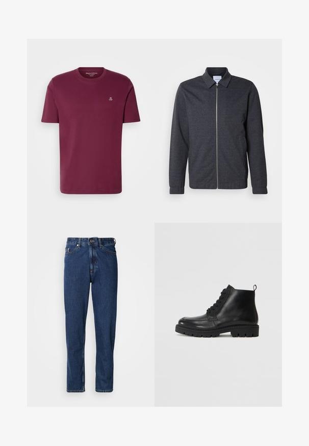 Chaqueta gris oscuro con cremallera, cuello, mangas largas y textura de tela suave. Cuenta con bolsillos laterales y un diseño minimalista.; Camiseta de algodón burdeos con cuello redondo, mangas cortas y un pequeño logo blanco "M OP" en el pecho. Textura suave y corte regular.; Jeans de mezclilla de color azul oscuro, con diseño de pierna recta, estilo de cinco bolsillos y costuras visibles a lo largo de las costuras.; Botas negras de cuero hasta el tobillo con punta redonda, cordones en la parte delantera y suela de goma texturizada. Incluye una pestaña en el talón para ponerlas y quitarlas fácilmente.
