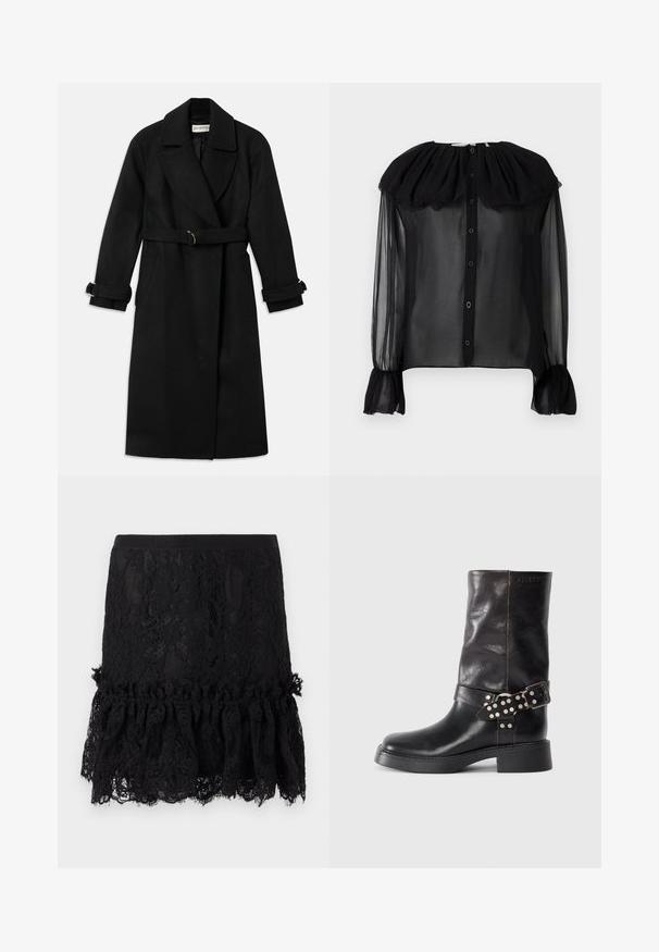 Manteau noir en mélange de laine avec un large col, une ceinture avec des accessoires en or, et des poignets roulés. Deux poches latérales sont incluses.; Blouse noire transparente avec un col volanté, boutonnée sur le devant, manches longues et poignets froncés. Tissu léger avec une texture douce.; Jupe en dentelle noire avec un haut structuré, présentant un ourlet en dentelle volant. Le tissu exhibe des motifs floraux et une taille lisse.; Bottines en cuir noir avec bout rond, talon épais et une sangle décorative ornée de boucles et de clous argentés. Texture lisse.