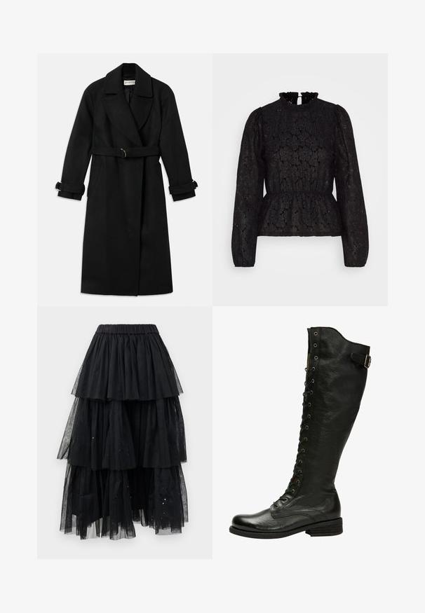 Abrigo negro de mezcla de lana, con un amplio cuello, cinturón con herrajes dorados y puños enrollados. Incluye dos bolsillos laterales.; Pieces PCJANESSA - Camiseta de manga larga - black; Falda de tul negro en capas con cinturilla elástica y un diseño en cascada con longitudes variables y sutiles toques de purpurina.; Bota de cuero negro hasta la rodilla con cordones en el frente, ojales de plata y hebilla lateral. Presenta un acabado texturizado y tacón apilado.
