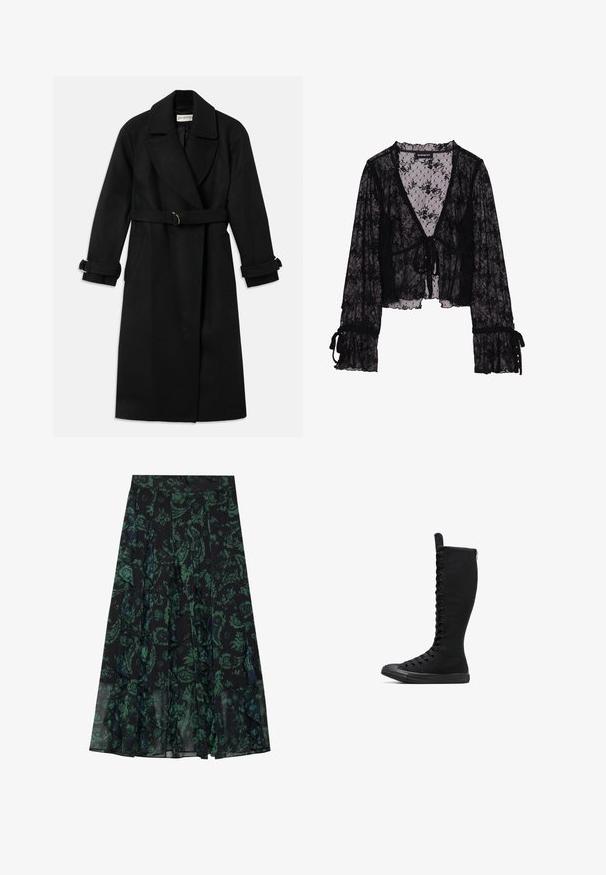 Zwarte trenchcoat van een wolmix, met een brede kraag, riem met gouden hardware en opgerolde manchetten. Inclusief twee zijzakken.; Zwarte kantblouse met bloemmotief, doorzichtig stof, V-hals, striksluiting aan de voorkant en ruches aan de mouwen met strikaccenten.; Zwarte rok met groen bloemenpatroon, met gerafelde randen en plooien. Gemaakt van lichte stof, wat zorgt voor een vloeiende silhoeet.; Zwart hoge canvas boots met een afgeronde neus, ritssluiting en veters aan de voorkant. Kenmerkt zich door een gestructureerd oppervlak en rubberen zool.