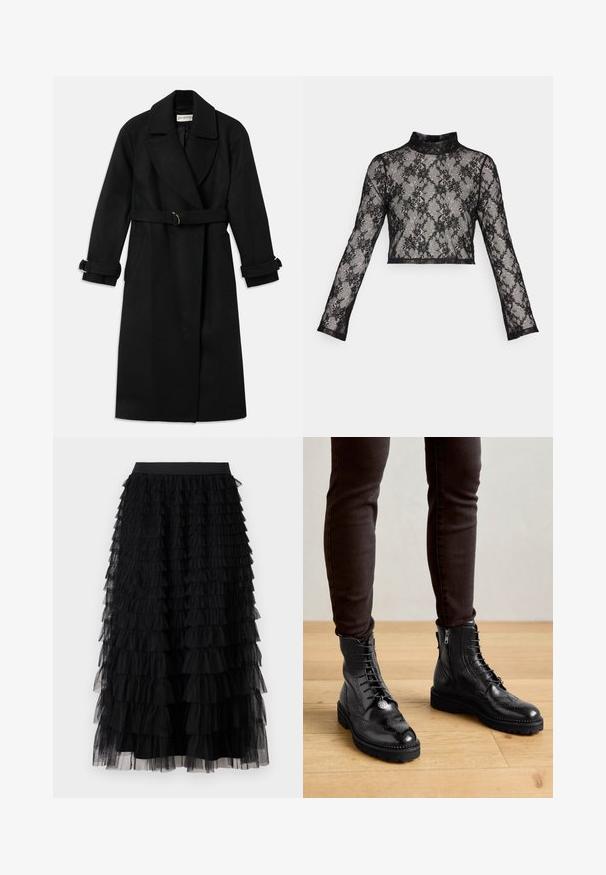 Zwarte trenchcoat van een wolmix, met een brede kraag, riem met gouden hardware en opgerolde manchetten. Inclusief twee zijzakken.; ONLY ONLHELENA HIGH NECK LACE - Longsleeve - black; Vero Moda VMNAJA Mid waist Long - Maxirok - black; Zwarte leren enkellaarsjes met brogue-details, een vetersluiting aan de voorkant, ritsen aan de zijkant en gestructureerde rubberen zolen. Gecombineerd met donkere slim-fit broek.