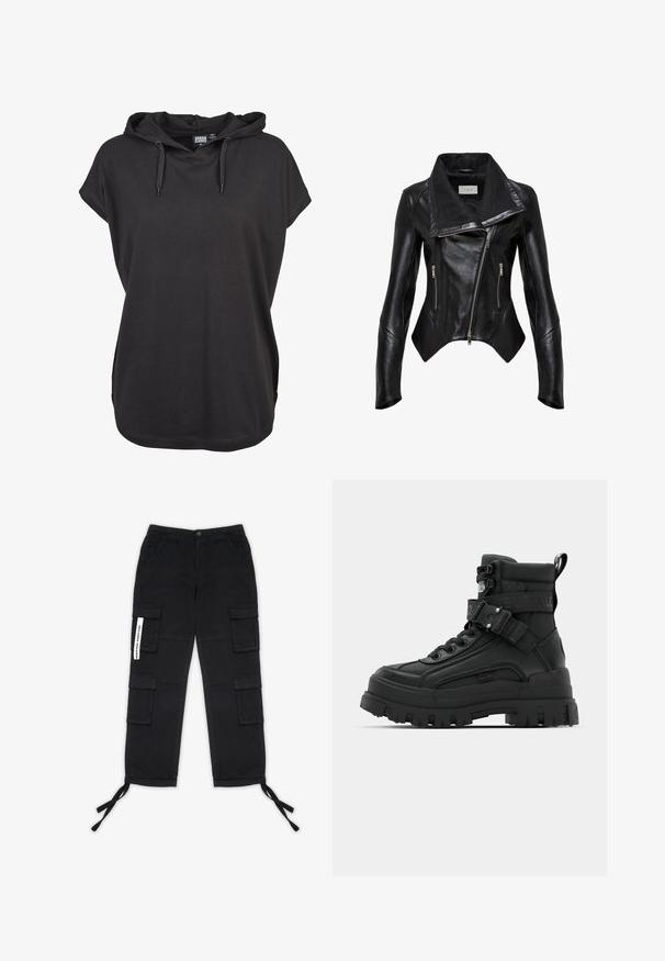 Schwarze Leder-Motorradjacke mit breitem Kragen, asymmetrischem Frontreißverschluss und zwei Reißverschlusstaschen. Glatte Textur und figurbetontes Design.; Schwarzes Kapuzenshirt mit kurzen Ärmeln, aus weichem Stoff gefertigt. Verfügt über verstellbare Kordeln und eine lockere Passform. Einfaches Design, ohne Muster.; Pegador TANAMI WIDE PANTS - Cargohose - black; Schwarze Knöchelstiefel mit strukturiertem Obermaterial, dicker Sohle, Schnürverschluss vorne und verstellbarem Riemen mit Logo-Detail. Gummisohle mit ausgeprägtem Profil.
