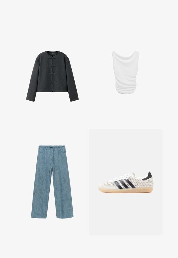 Chaqueta de lana gris oscuro de manga larga con escote redondo y cuatro botones de nudo de tela en la parte delantera.; Top blanco sin mangas con drapeado y detalles de tela fruncida a los lados, presentado sobre un fondo blanco liso.; Pantalones de pierna ancha a rayas azul claro con cintura elástica y cordón, que cuentan con dos bolsillos frontales y una tela suave y texturizada.; Zapatillas deportivas de malla blanca con diseño de tres franjas negras, punta redondeada y suela de goma color café. Cuentan con un cuello de talón suave y cierre de cordones.
