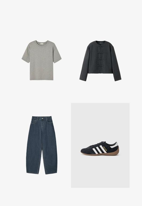 Donkergrijze wollen jas met lange mouwen, ronde hals en vier knopen met stoffen knopen aan de voorkant.; Grijze T-shirt met korte mouwen, gemaakt van zachte katoen, met een ronde hals en een ontspannen pasvorm zonder opvallende patronen of accenten.; Donkerblauwe denim wijde broek met hoge taille, voorzien van vijf zakken en zichtbare stikseldetails. Schoon, minimaal ontwerp.; Zwarte suède sneaker met drie witte strepen, een rubberen gumzool en een klein gouden logo aan de zijkant. Heeft een gladde zwarte binnenvoering.