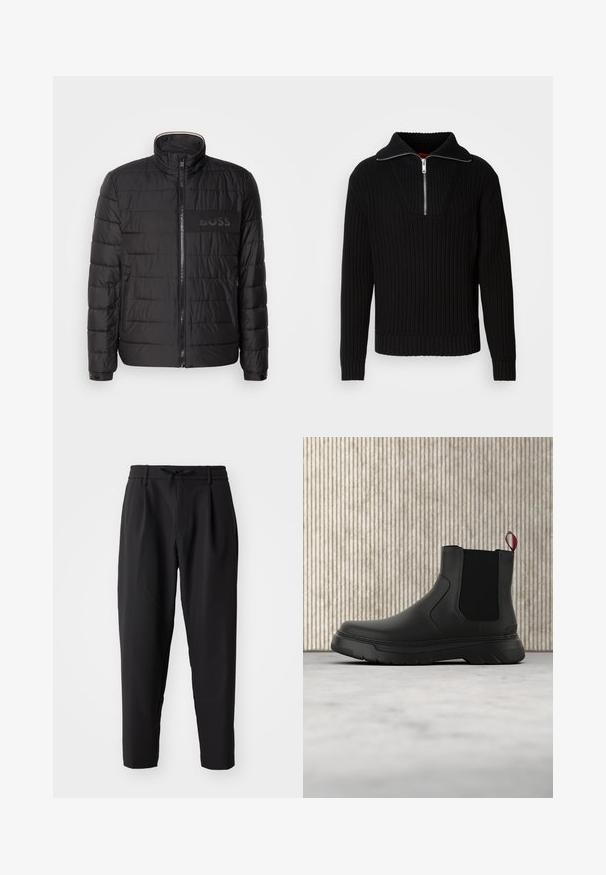 Schwarze gesteppte Jacke mit hohem Kragen, Frontreißverschluss, seitlichen Reißverschlusstaschen, knopfbaren Manschetten und „BOSS“-Logo auf der Brust.; Schwarzer gerippter Pullover mit hohem Kragen und kurzem Reißverschluss. Verfügt über einen strukturierten Stoff und enganliegende Bündchen, die eine konturierte Silhouette bieten.; Schwarze, schmal zulaufende Hose mit elastischem Bund und Kordelzug. Glattes, leichtes Material, ausgestattet mit Falten und Seitentaschen.; Schwarze Knöchelstiefel mit glatter Oberfläche, elastischen Seitenpaneelen und einem kontrastierenden roten Zuglasche, ausgestattet mit einer dicken Gummisohle und einer runden Zehenpartie.