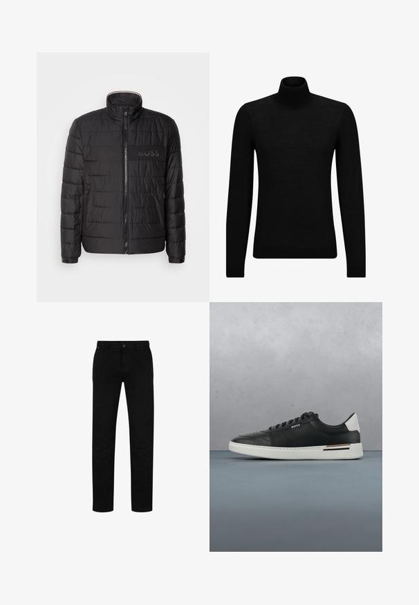 Schwarze gesteppte Jacke mit hohem Kragen, Frontreißverschluss, seitlichen Reißverschlusstaschen, knopfbaren Manschetten und „BOSS“-Logo auf der Brust.; Schwarzer Rollkragenpullover aus weichem Material mit langen Ärmeln und enger Passform. Rippbesatz am Saum und an den Bündchen. Einfaches Design.; Schwarze Baumwollhosen mit geradem Schnitt, featuring einen Knopfverschluss, Gürtelschlaufen und minimalistischem Design. Glatte Textur, ohne Muster.; Schwarze Ledersneaker mit weißer Sohle, ausgestattet mit Perforationen, Schnürdesign, Logo an der Seite und kontrastierenden Fersendetails in Weiß und Braun.