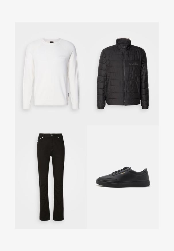 Veste noire matelassée avec col montant, fermeture éclair sur le devant, poches latérales zippées, poignets à boutons et logo "BOSS" sur la poitrine.; Pull à manches longues blanc en tissu doux, avec un col et des poignets côtelés, et un logo discret sur la poitrine.; Jeans en denim noir au design droit, avec poches avant, braguette zippée et accents en métal argenté. Texture lisse, sans motifs.; Baskets en cuir noir avec une texture lisse, bout rond, semelle en caoutchouc plate et lacets ton sur ton. Présente une marque "BOSS" dorée sur le côté.