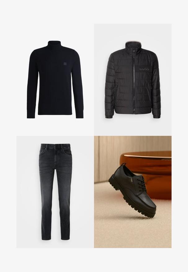 Chaqueta negra acolchada con cuello alto, cremallera frontal, bolsillos laterales con cremallera, puños con botones y logo "BOSS" en el pecho.; Suéter de cuello alto en azul marino, confeccionado en suave material de punto, con mangas largas y cuello acanalado. Incluye un parche de logo cuadrado en el pecho.; Jeans de mezclilla negros con un corte ajustado, que presentan una cintura de altura media, diseño clásico de cinco bolsillos y un ligero desgaste en las piernas.; Zapato negro de cuero con cordones, suela gruesa y robusta y logotipo dorado "HUGO", colocado sobre una alfombra beige con una silla marrón difuminada en el fondo.