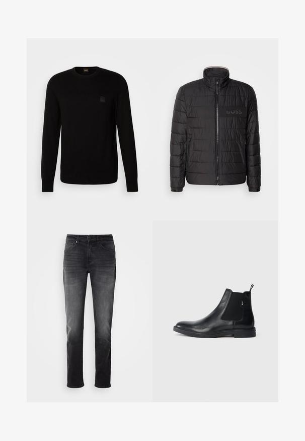 Schwarze gesteppte Jacke mit hohem Kragen, Frontreißverschluss, seitlichen Reißverschlusstaschen, knopfbaren Manschetten und „BOSS“-Logo auf der Brust.; Schwarzer Strickpullover mit langen Ärmeln, Rundhalskragen und einem kleinen strukturierten Logo-Patch auf der Brust. Glatte Textur über die gesamte Fläche.; Schwarze Jeans aus Denim mit geradem Bein. Verfügt über einen Knopf- und Reißverschluss, fünf Taschen und dezente Ausbleichungen im Stoff.; Schwarze Leder Chelsea-Boots mit elastischen seitlichen Einsätzen, einer Zugschlaufe und einer flachen Gummisohle. Glatte Textur mit minimaler Ausgestaltung.