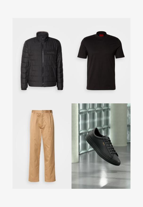 Čierna prešívaná bunda s vysokým golierom, predným zipsom, bočnými vreckami na zips, manžetami na gombíky a logom "BOSS" na hrudi.; Čierne tričko s krátkym rukávom a vysokým golierom. Vyrobené z hladkej tkaniny. Obsahuje červenú značkovú nášivku na vnútornej strane goliera.; Khaki nohavice, z bavlneného zmesi, priamy strih, predné záhyby, pútka na opasok a gombíkový uzáver. Hladká textúra bez vzoru.; Čierna nízka kožená teniska s čiernymi šnúrkami a zlatým logom BOSS na boku, vznášajúca sa nad lesklou sivou podlahou v modernom vnútornom priestore.