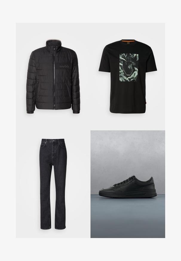Schwarze gesteppte Jacke mit hohem Kragen, Frontreißverschluss, seitlichen Reißverschlusstaschen, knopfbaren Manschetten und „BOSS“-Logo auf der Brust.; Schwarzes Baumwoll-T-Shirt mit einem zentralen Motiv eines Panthers, umgeben von Blättern, mit einem Kettenkragen und dem Text "BOSS". Kurze Ärmel.; Hochtaillierte schwarze Jeans aus Denim mit Knopf- und Reißverschluss, Vorder- und Hintertaschen sowie einer geraden Passform.; Schwarze Sneaker mit glattem Lederobermaterial, runder Zehenpartie, flachen Schnürsenkeln, gepolstertem Kragen und minimalistischem Design. Gummisohle mit subtiler Profilierung.