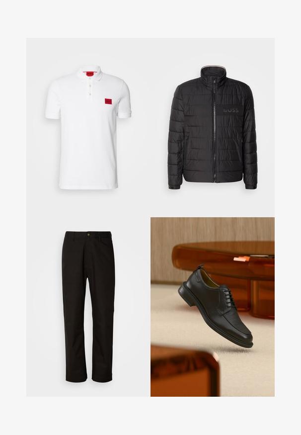 Veste noire matelassée avec col montant, fermeture éclair sur le devant, poches latérales zippées, poignets à boutons et logo "BOSS" sur la poitrine.; Polo shirt blanc en coton, doté d'un col à trois boutons, de manches courtes et d'un patch rectangulaire rouge sur la poitrine gauche.; Pantalon en coton noir avec une coupe droite, des passants de ceinture, une fermeture éclair à l'avant et un seul bouton. Texture lisse sans motifs visibles.; Chaussure habillée noire en cuir à lacets avec devant texturé, flottant au-dessus d'un tapis beige dans une pièce moderne avec des meubles teintés d'ambre.