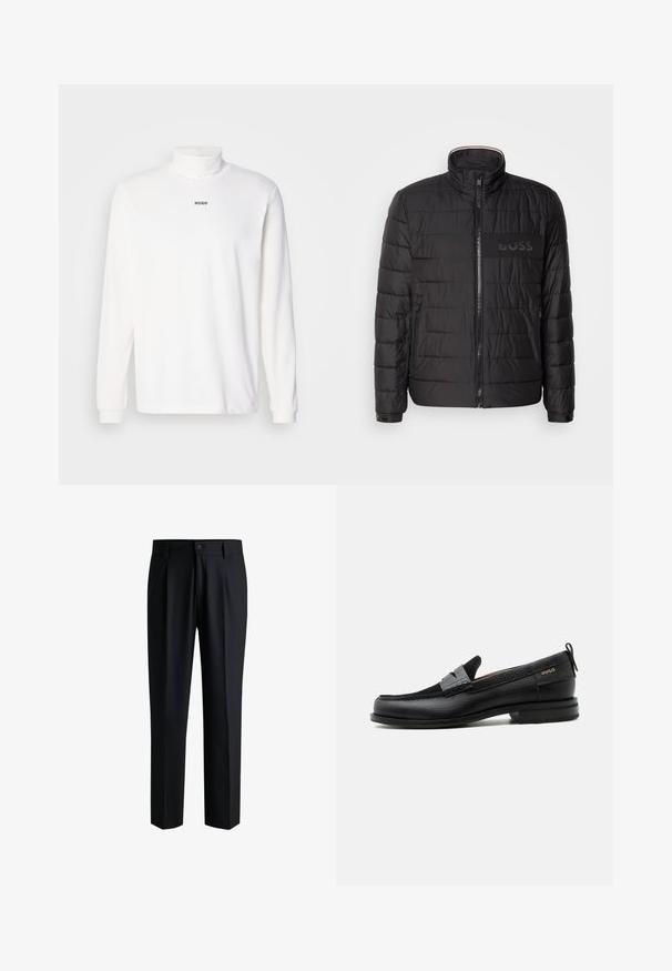 Sort quiltet jakke med høj krave, frontlynlås, lynlåslommer i siden, manchetter med knapper og "BOSS" logo på brystet.; Hvid langærmet turtleneck trøje lavet af blødt stof, med et diskret sort "HUGO" logo på forsiden og tætsiddende manchetter.; Sorte bukser lavet af glat stof, med lige ben-design, plisseringer foran og knaplukning med bæltestropper.; Sort læderloafer med grå remdetalje, lav hæl og tekstureret sål, mærket med "HUGO" i guld på siden.