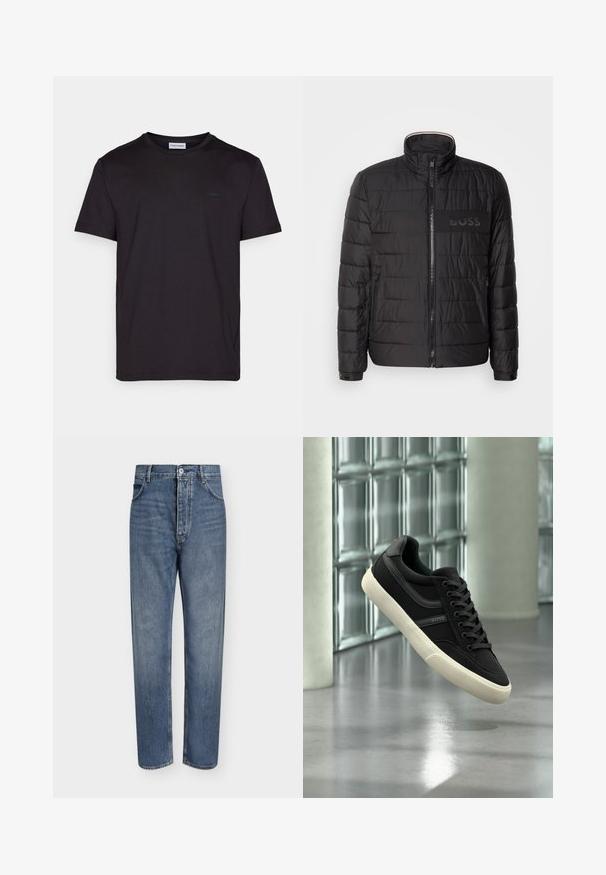 Schwarze gesteppte Jacke mit hohem Kragen, Frontreißverschluss, seitlichen Reißverschlusstaschen, knopfbaren Manschetten und „BOSS“-Logo auf der Brust.; Schwarzes T-Shirt mit kurzen Ärmeln, aus glattem Baumwollmaterial, mit einem runden Halsausschnitt und einem dezenten Logo-Tag auf der Brust. Schlichtes und einfaches Design.; Gerade geschnittene blaue Jeans aus Denim mit hoher Taille, Frontknopfverschluss und Fünf-Taschen-Design auf einem schlichten hellen Hintergrund.; Schwarzer Low-Top-Sneaker mit weißer Sohle und Schnürsenkeln, Marke "BOSS", schwebend im Innenraum nahe Glasbausteinfenstern und Betonpfeilern.