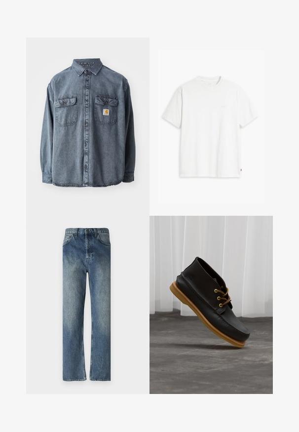 Camisa de denim en gris lavado, con cuello abotonado, dos bolsillos en el pecho y un pequeño parche con el logo en el bolsillo izquierdo.; Camiseta de algodón blanca con mangas cortas, cuello redondo y un sutil logo "Levi's" impreso en color claro en la parte frontal.; Jeans de mezclilla azul con corte recto, que presentan un lavado desgastado, lazos para cinturón, bolsillos frontales y un solo bolsillo trasero.; Zapatos de cuero negro con un acabado suave, punta redonda, cordones marrones y suelas de goma marrón claro. Logo embossado en el costado.