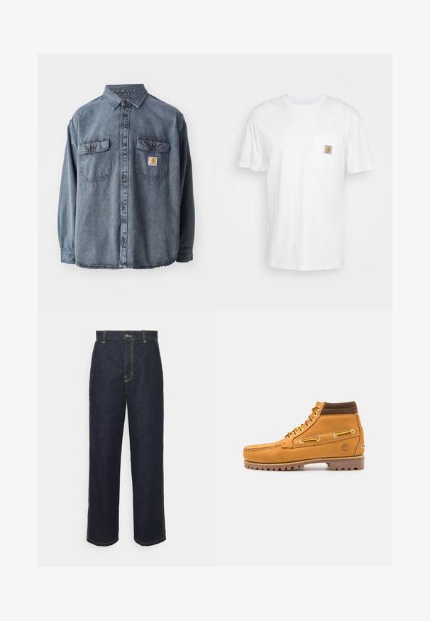 Camisa de denim en gris lavado, con cuello abotonado, dos bolsillos en el pecho y un pequeño parche con el logo en el bolsillo izquierdo.; Camiseta de algodón blanca con mangas cortas, un bolsillo en el pecho y un pequeño parche cuadrado de logo en naranja y blanco en el bolsillo.; Jeans de mezclilla oscuros de pierna ancha con costuras amarillas, que cuentan con un cierre frontal de botón y bolsillos laterales. Textura suave y diseño tradicional.; Timberland AUTHENTIC MID LACE BOOT - Botines con cordones - wheat