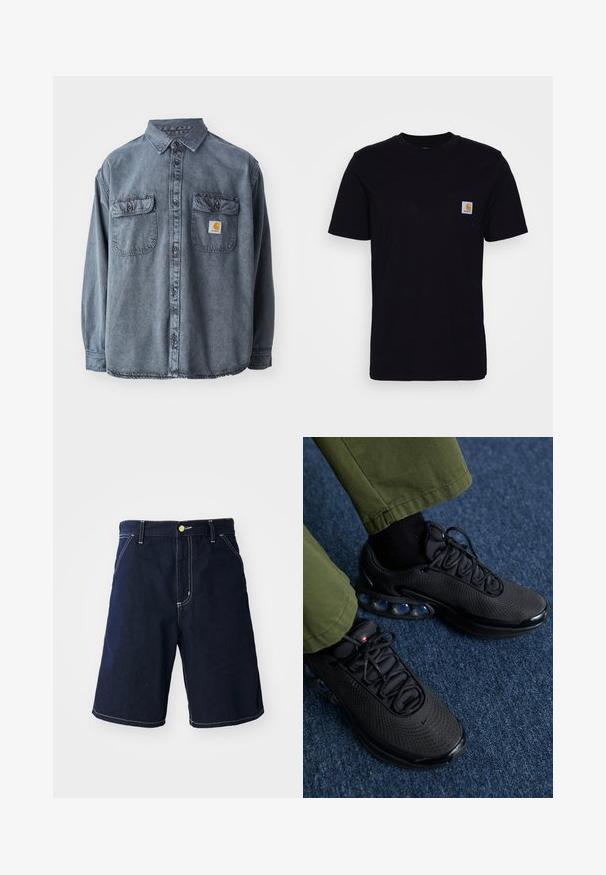 Denimskjorte i vaskede grå, med en krave der lukkes med knapper, to brystlommer og et lille logo-patch på den venstre lomme.; Sort bomulds T-shirt med korte ærmer, rund hals og en brystlomme, der har et lille, kvadratisk logo-patch. Enkel, ensfarvet design.; Mørkeblå denimshorts med hvid syning, klassisk snit, fem lommer og lukning med knap foran.; Sorte sportssko med mesh-overdel, tekstureret overflade og synlige luftpolstringselementer. Kombineret med olivengrønne bukser og sorte sokker.